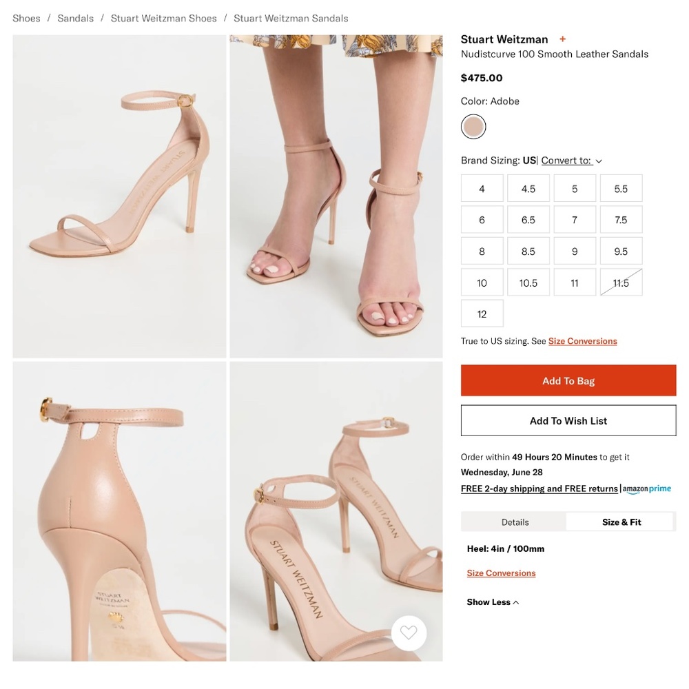 Stuart Weitzman Nudist Classic Heels Shoes 100mm - Picture 9 of 10